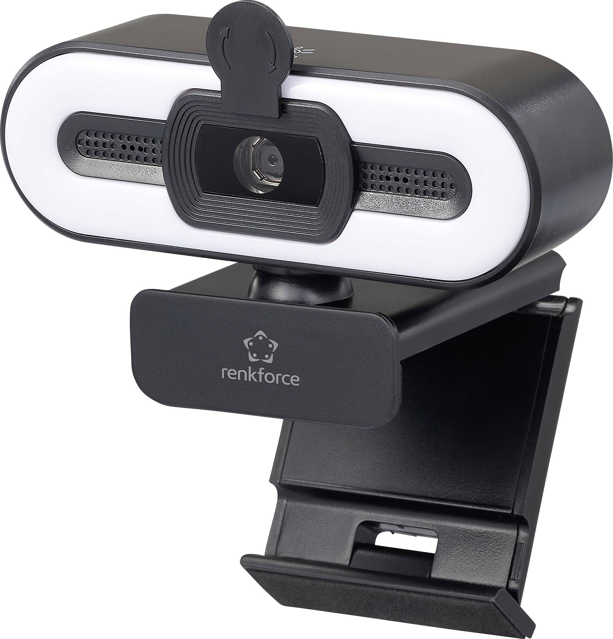 Une webcam réglable en noir et blanc avec un anneau lumineux intégré, montée sur un clip conçu pour être fixé à un écran d'ordinateur.