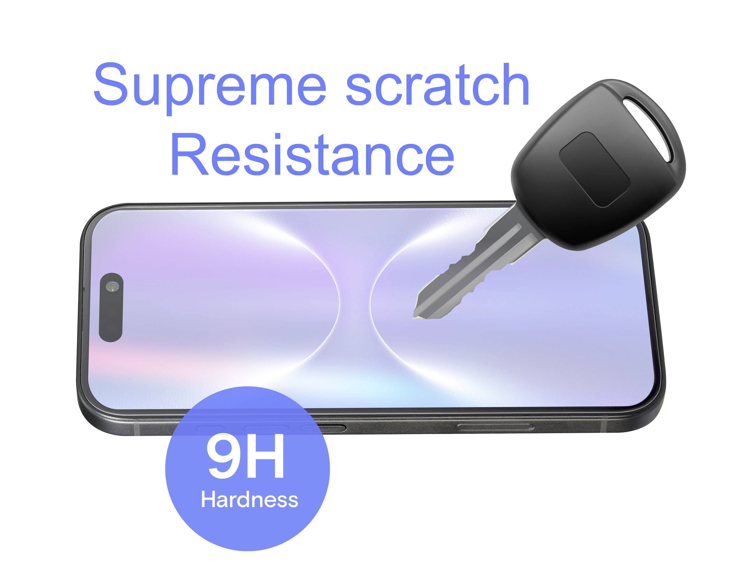Un smartphone avec une clé rayant l'écran, démontrant la « Résistance aux rayures extrême » avec « Dureté 9H » affichée.