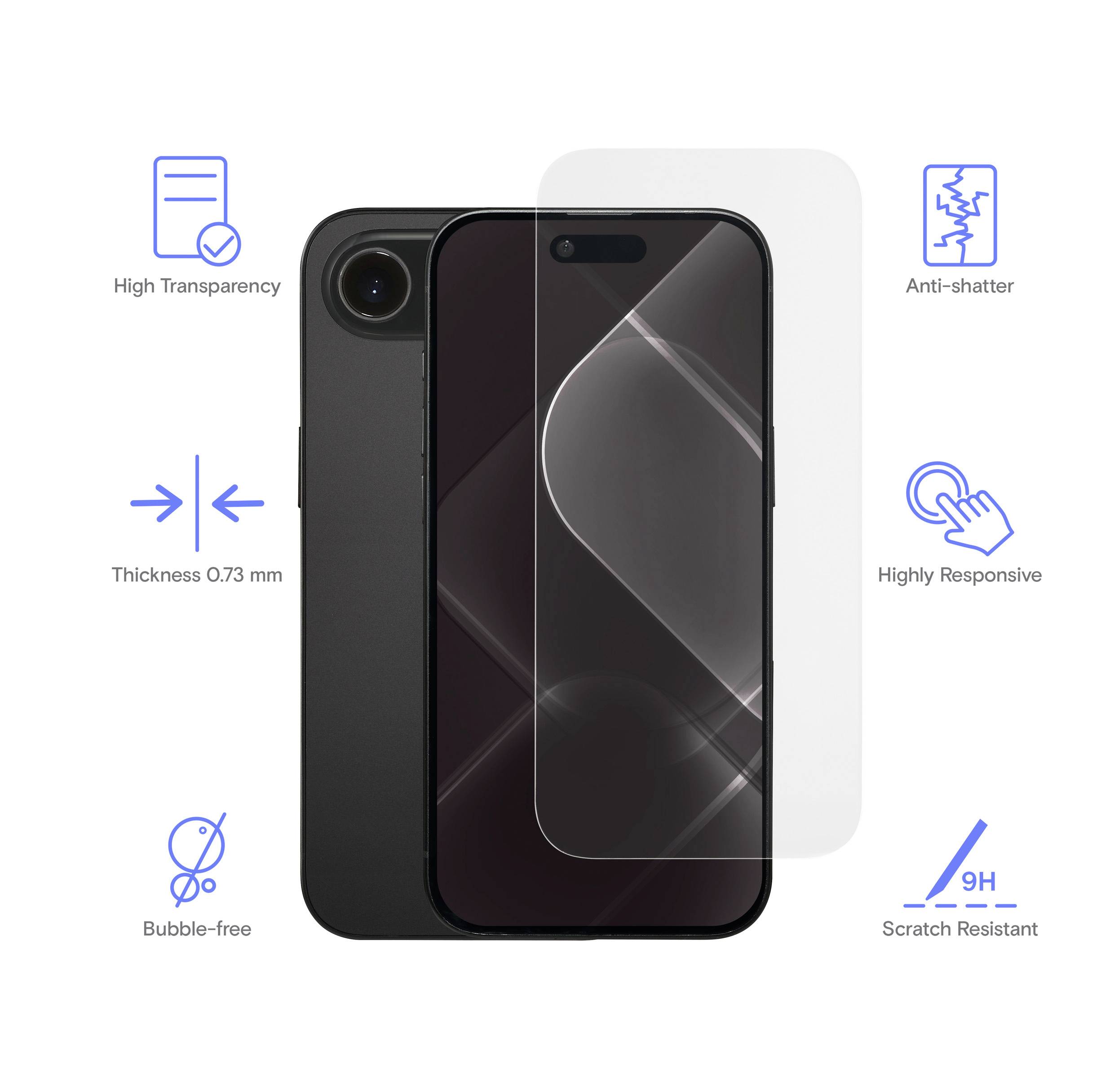 Smartphone avec protecteur d'écran. Caractéristiques : haute transparence, anti-bris, épaisseur de 0,73 mm, très réactif, sans bulles, résistant aux rayures.