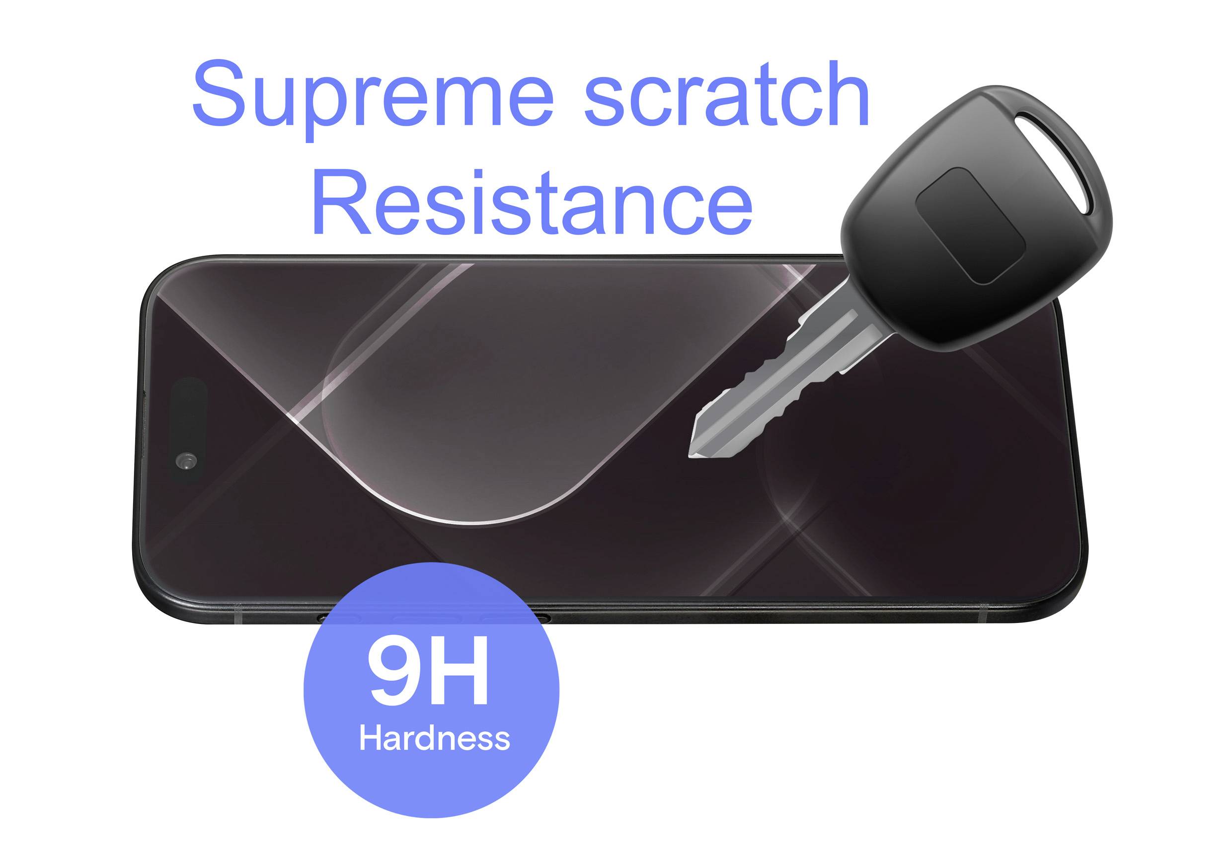 Un écran de smartphone avec une clé sur le dessus, démontrant la « Résistance aux rayures suprême » et la « Dureté 9H » contre les rayures.