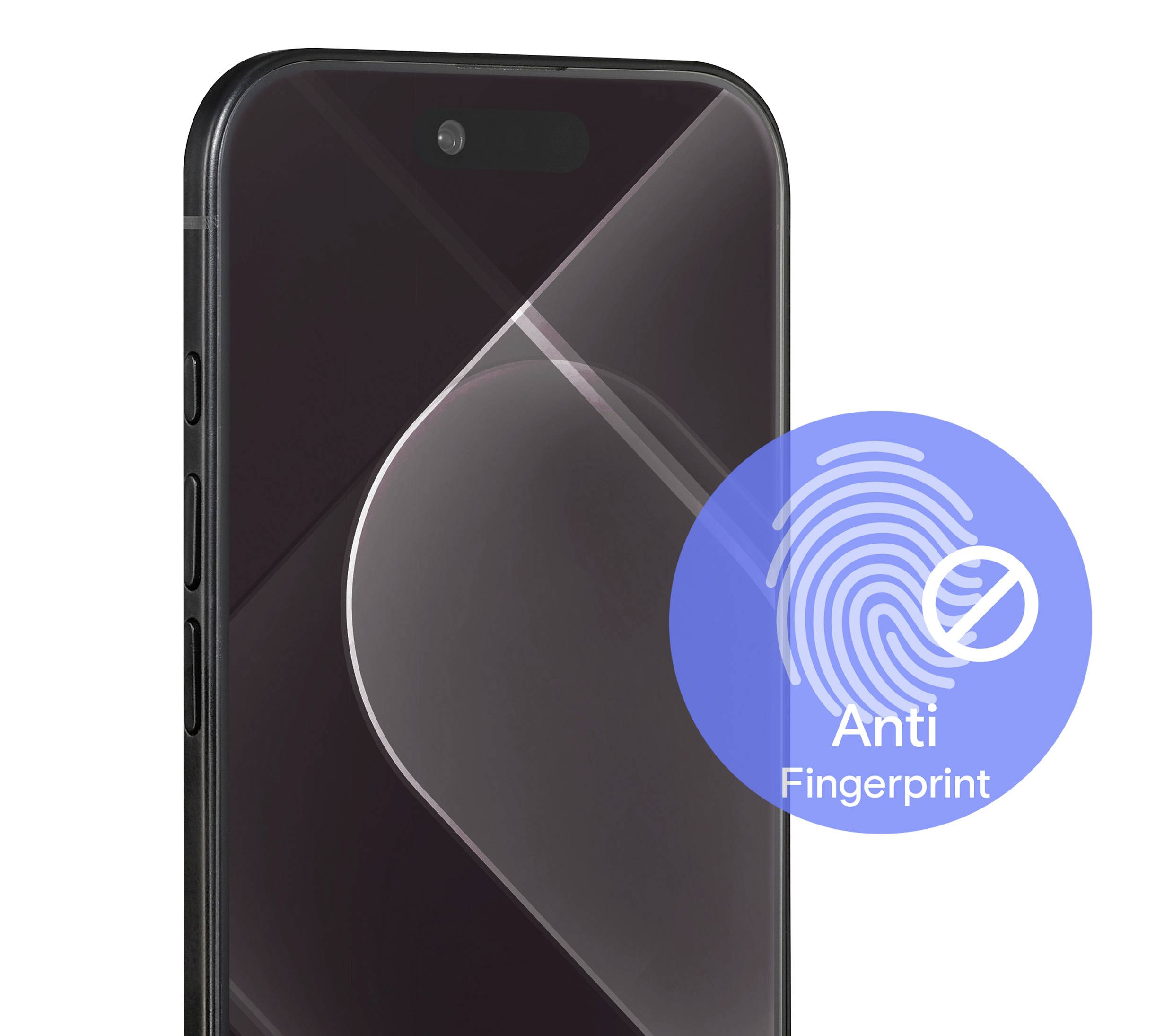 Smartphone avec revêtement anti-traces de doigts, présenté par un badge circulaire avec une icône d'empreinte digitale barrée, étiqueté « Anti-Traces ».