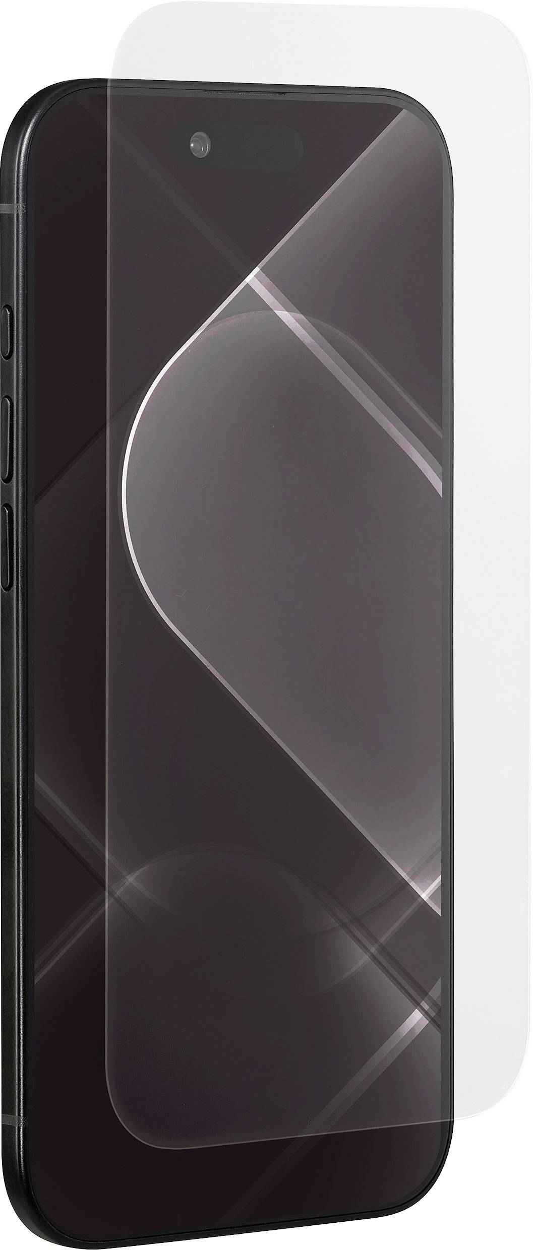 Un smartphone élégant avec un écran réfléchissant affichant de légers motifs lumineux abstraits. Le téléphone est partiellement recouvert d'un protecteur d'écran transparent.