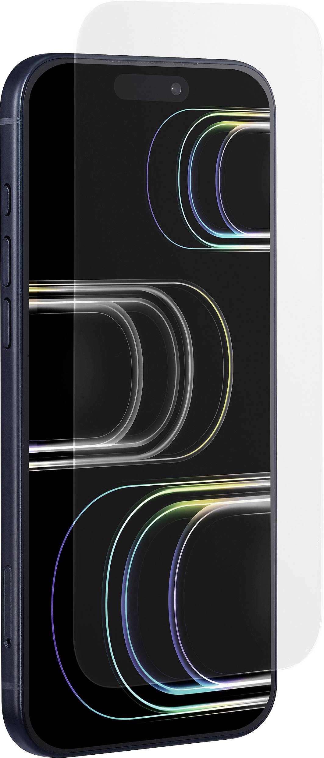 Un smartphone avec un protecteur d'écran partiellement appliqué, révélant un design noir élégant avec des reflets colorés sur l'écran.