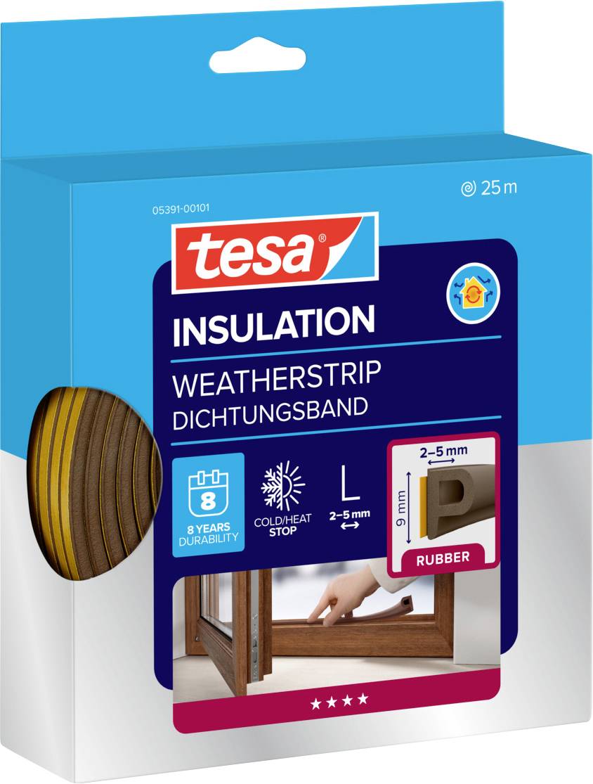 Emballage produit pour Tesa Insulation Weatherstrip. Points forts : durable pendant 8 ans, arrêt du froid/chaleur, épaisseur 2-5 mm, rouleau de 25 m.