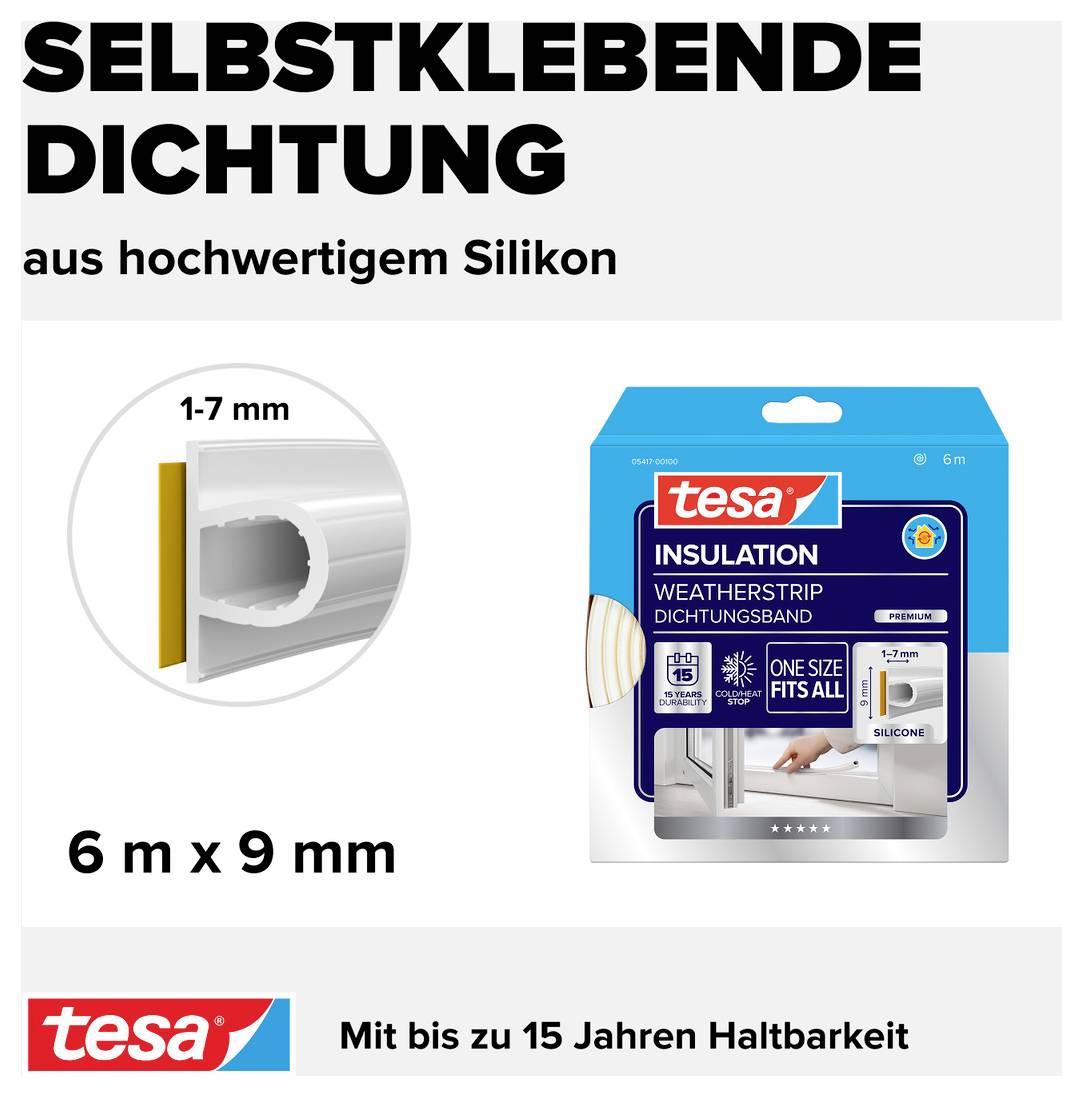 « Joint adhésif en silicone de haute qualité », affiche l'emballage du ruban d'étanchéité, dimensions 6 m x 9 mm, pour l'isolation, durable jusqu'à 15 ans.
