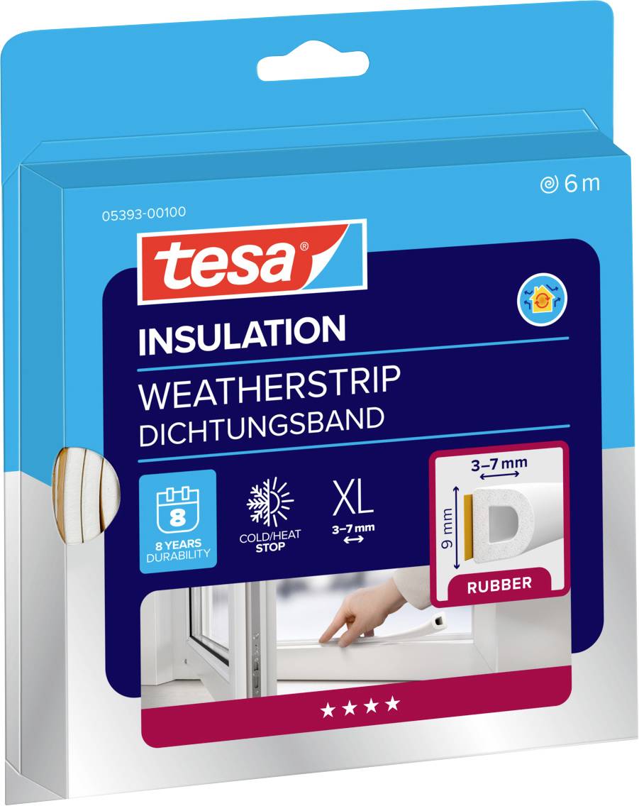Emballage bleu et blanc pour joint d'étanchéité Tesa. Les avantages incluent l'isolation, une durabilité de 8 ans, arrêt du froid et de la chaleur, format XL, matériau en caoutchouc.