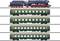 Un train miniature composé d'une locomotive à vapeur bleue et de quatre wagons de passagers verts, représenté de côté.