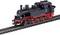 Une locomotive à vapeur miniature en noir et rouge sur une section de voie ferrée. La locomotive présente des détails typiques tels que la chaudière et les roues.