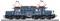 Train électrique historique bleu avec deux pantographes sur voie caténaire. Reproduction détaillée avec des éléments techniques apparents.