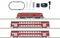 Un ensemble de train miniature avec une locomotive rouge, deux voitures de voyageurs à deux étages, des rails, un régulateur et un bloc d'alimentation, de la marque Märklin.
