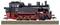 Une locomotive à vapeur noire avec un châssis rouge est stationnée sur une voie ferrée. Elle possède un capuchon de cheminée distinctif et de grandes roues.