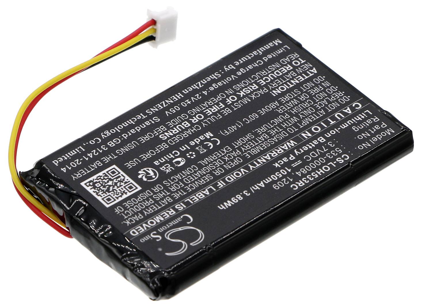 Batterie lithium-polymère rectangulaire avec trois fils et connecteur. L'étiquetage indique les spécifications techniques et les avertissements.