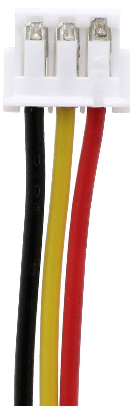 Un connecteur à trois pôles avec des câbles noirs, jaunes et rouges ancrés dans un boîtier en plastique blanc.