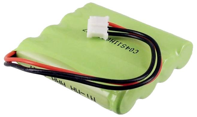 Batterie verte à quatre cellules avec câble noir et rouge et connecteur blanc, sur fond neutre.