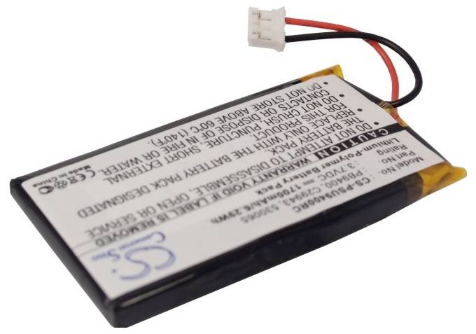 Une batterie lithium-polymère fine avec un bord noir, des instructions de sécurité imprimées, deux fils et un connecteur blanc.