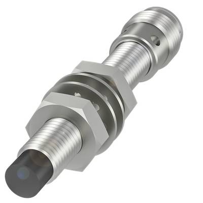 Capteur inductif cylindrique en métal, avec filetage et raccordement par câble. Utilisé pour la détection sans contact d'objets métalliques.