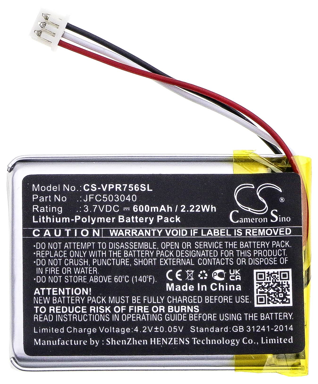 Batterie Lithium-Polymère, 3,7V, 600mAh. Avertissements : Ne pas démonter, jeter au feu ou modifier. Fabriqué en Chine.