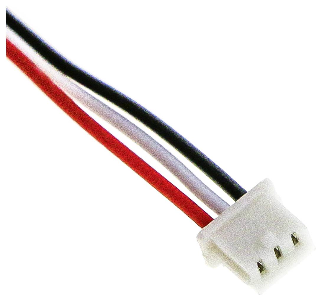 Un connecteur à trois pôles avec des câbles rouge, noir et blanc, adapté aux connexions électroniques.
