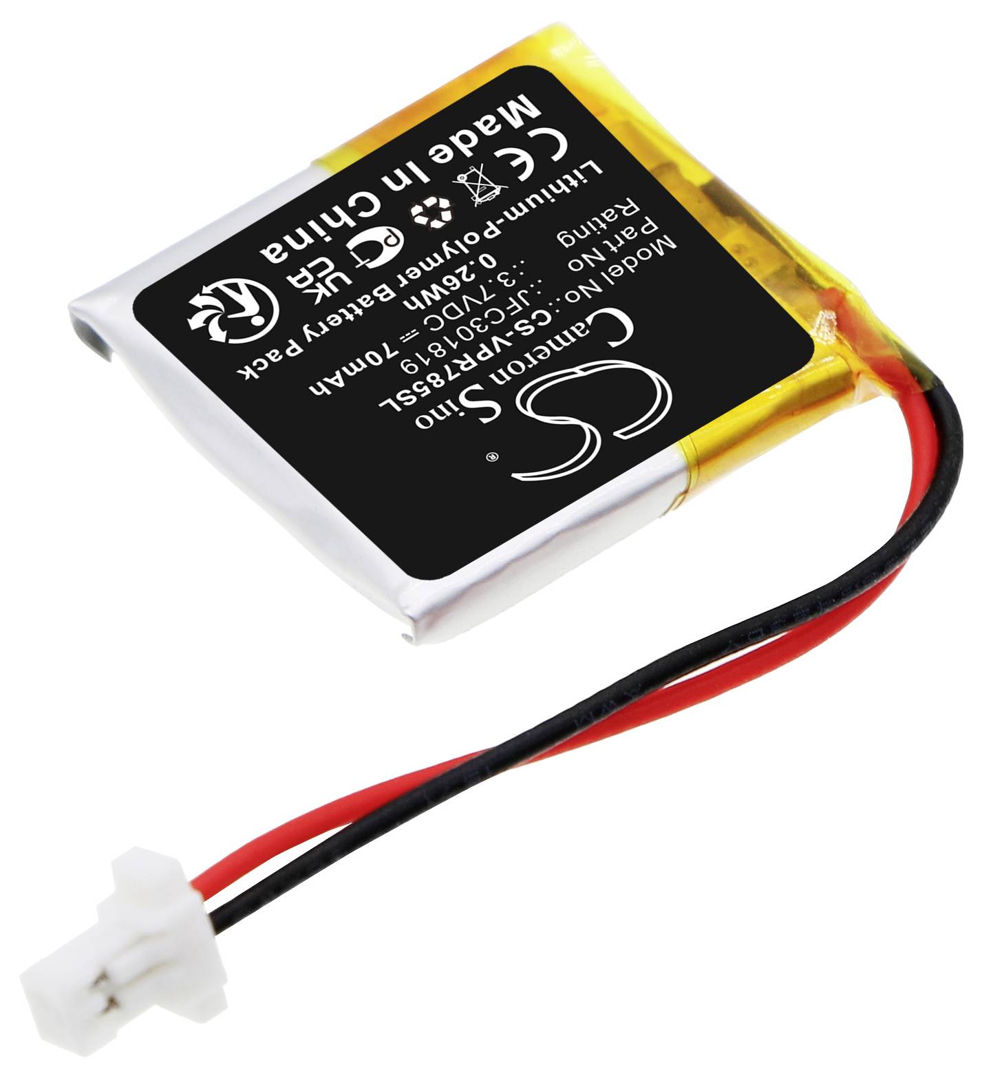 Une batterie lithium-polymère rechargeable rectangulaire avec un connecteur blanc et une étiquette noire indiquant les spécifications techniques.