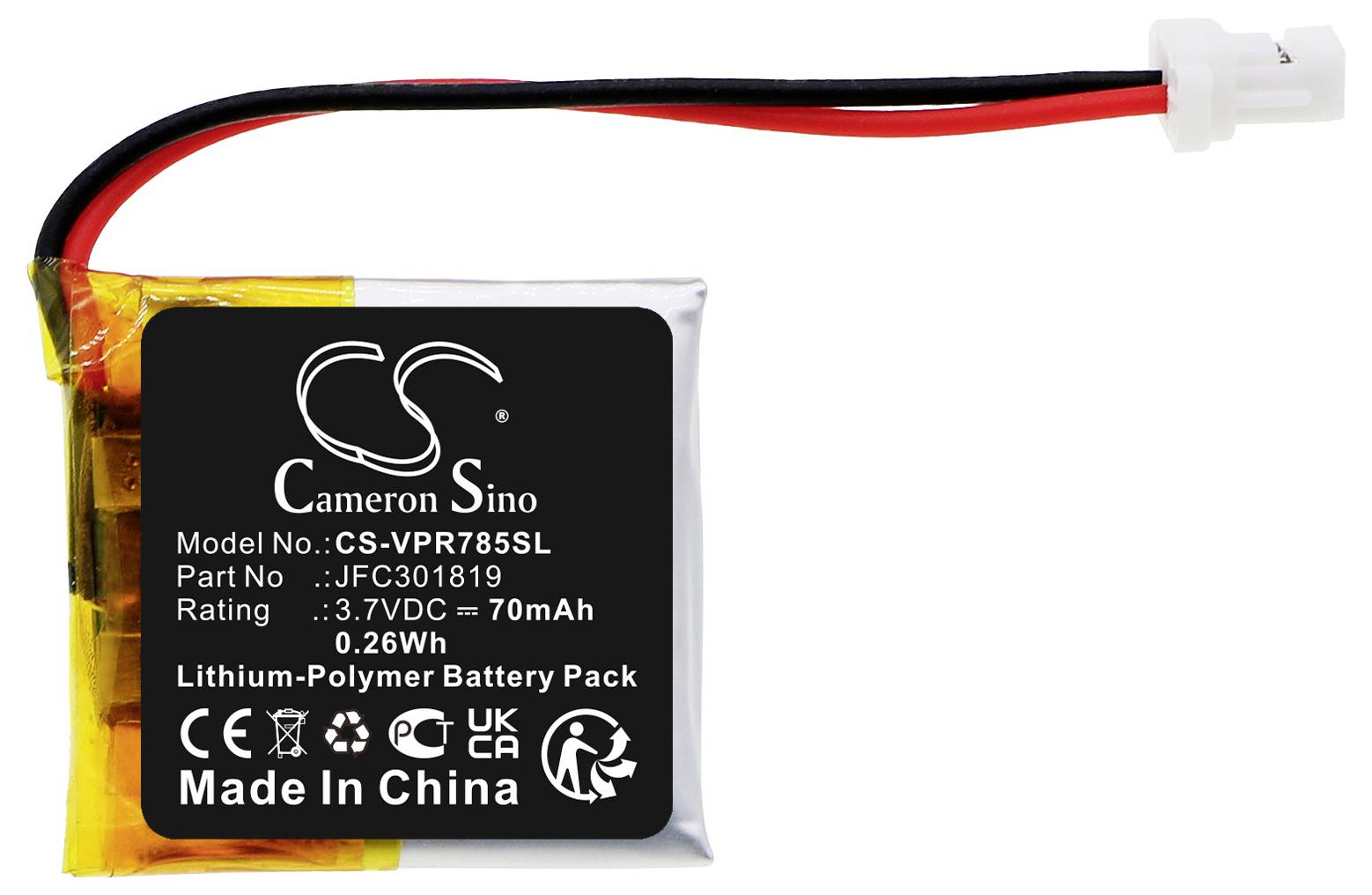 Batterie Lithium-Polymère, modèle CS-VPR785SL, 70mAh, 3,7V, fabriquée en Chine.