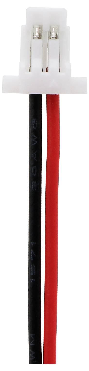 Un connecteur blanc avec deux contacts métalliques est relié à un câble noir et un câble rouge.
