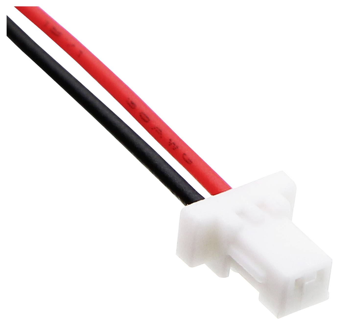 Un connecteur en plastique blanc avec deux câbles qui en sortent, un rouge et un noir. Idéal pour les connexions électriques.
