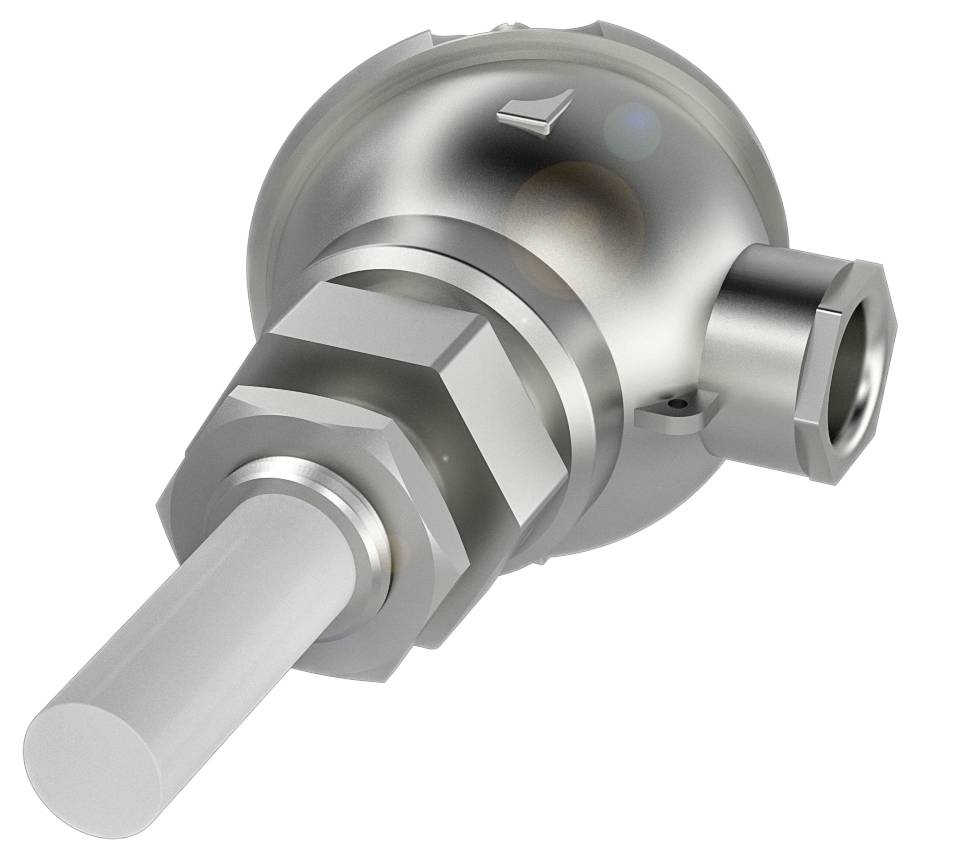 Une soupape métallique cylindrique avec un long tube fin fixé à un angle.