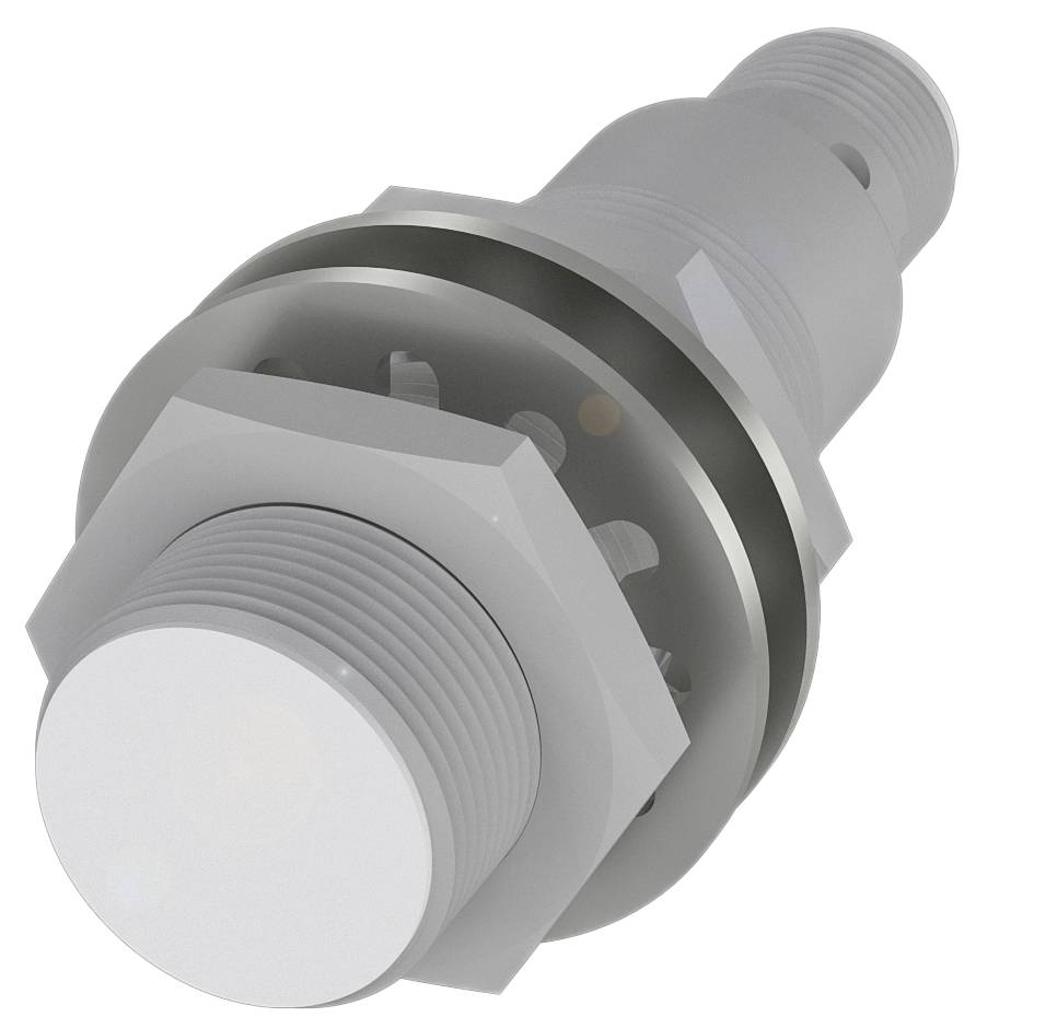 Un connecteur métallique gris avec écrou hexagonal et filetage, adapté au montage dans des équipements techniques.