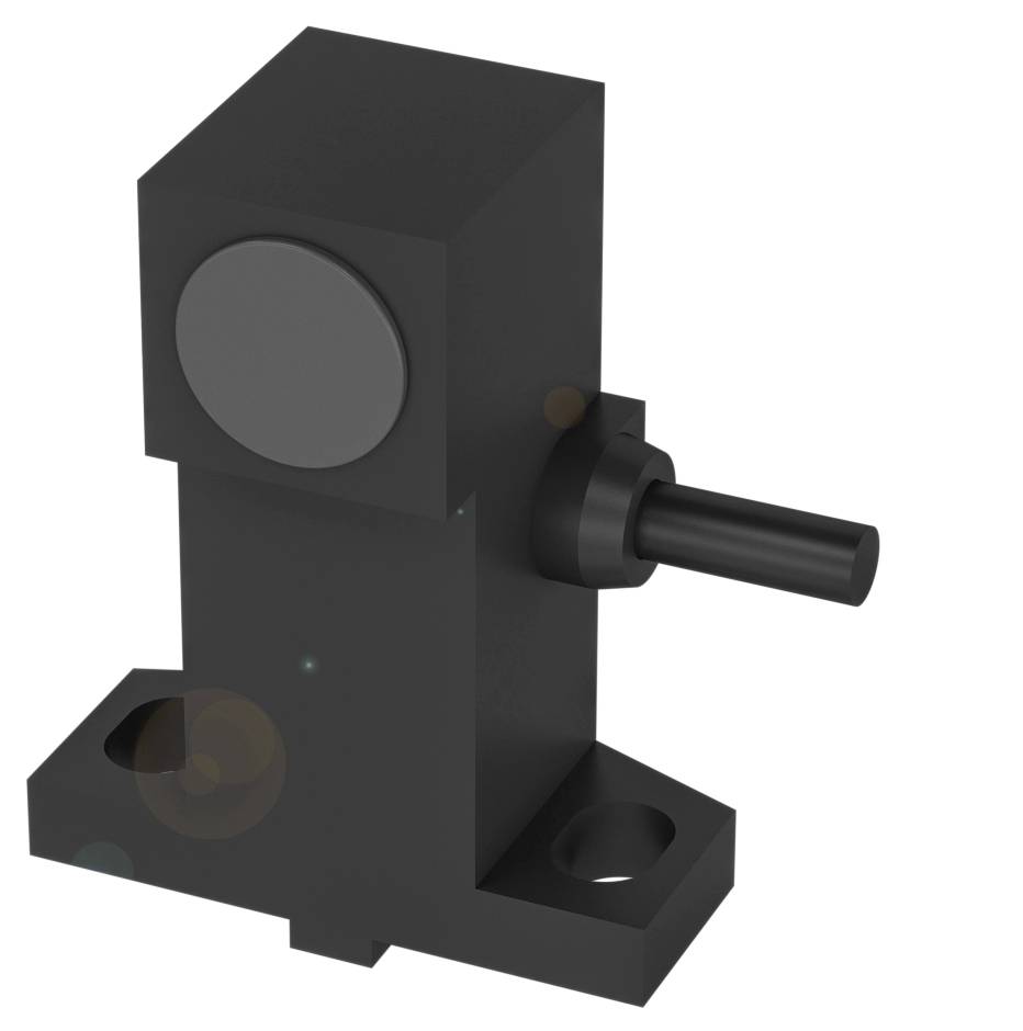 Une pièce mécanique noire et rectangulaire avec une tige cylindrique sur le côté et deux orifices de fixation à la base.