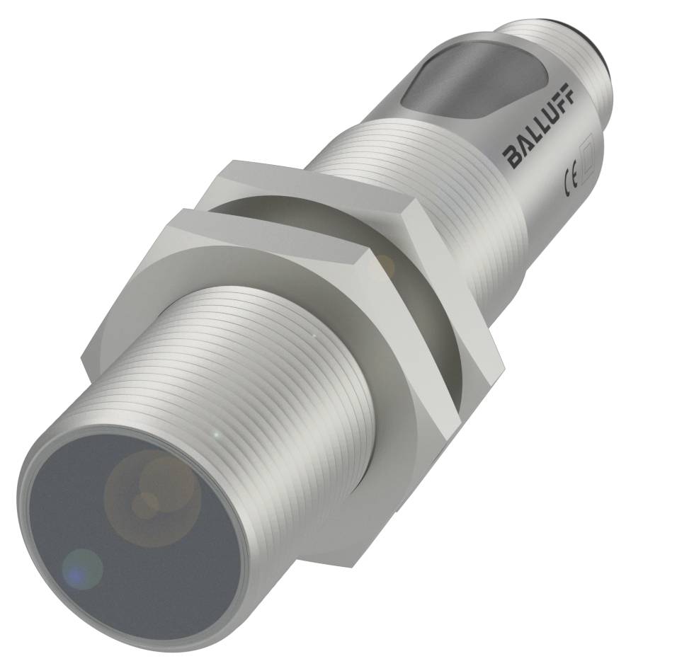 Un capteur cylindrique avec boîtier métallique et filetage vissé. L'inscription 'BALLUFF' est visible. Utilisé pour la détection d'objets.