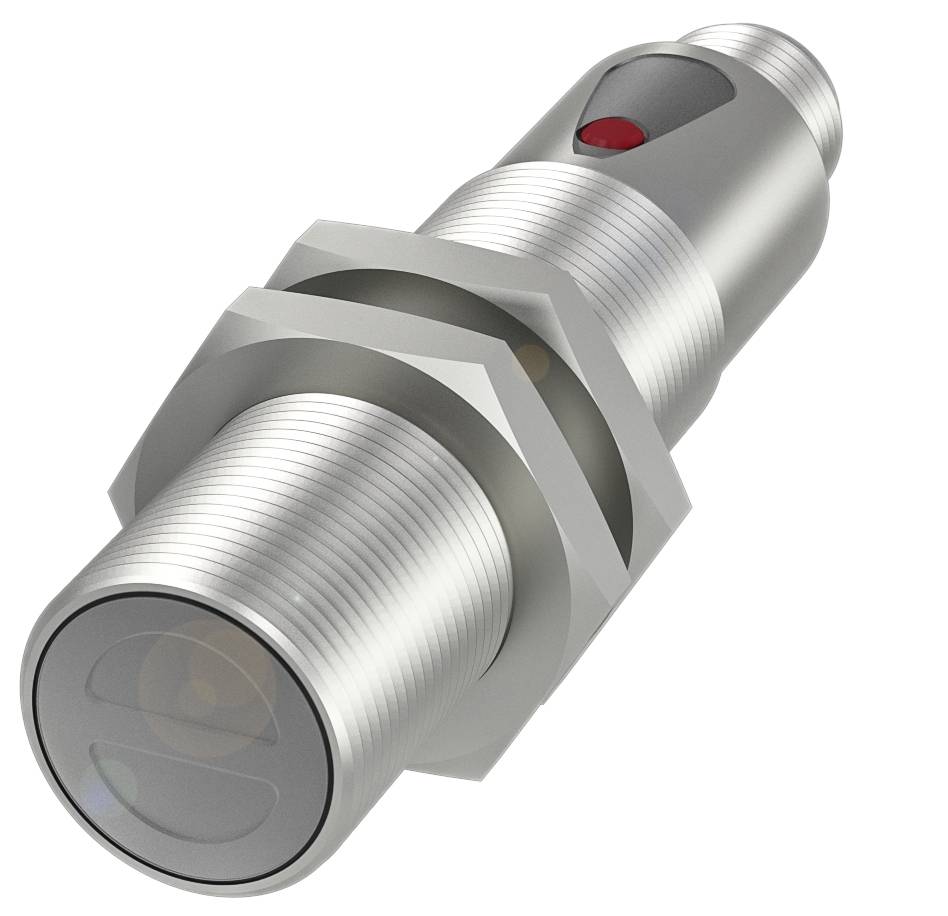 Capteur métallique de forme cylindrique avec surface nervurée et indicateur lumineux rouge sur le dessus ; utilisé dans l'industrie.