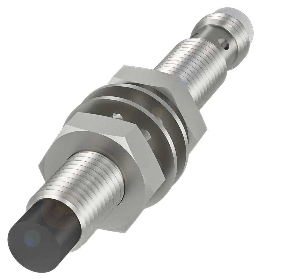 Boulon métallique cylindrique avec pointe noire et filetage, possiblement un capteur ou un commutateur.