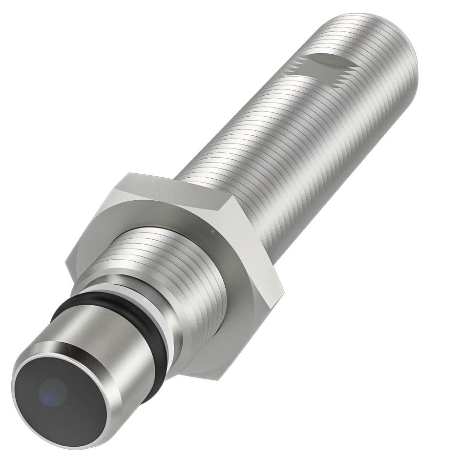 Un capteur de proximité cylindrique en métal avec pointe noire, adapté à la détection d'objets sans contact physique.