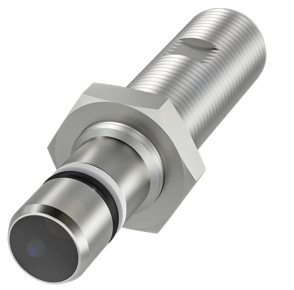 Capteur cylindrique en métal avec filetage, utilisé dans les applications industrielles pour la détection de position ou de proximité.