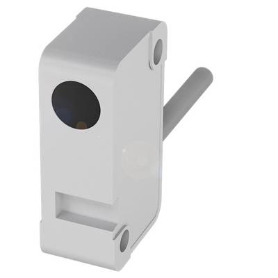 Boîtier en plastique gris avec des coins arrondis, un objet rond et noir sur la face avant et un long levier sur le côté.