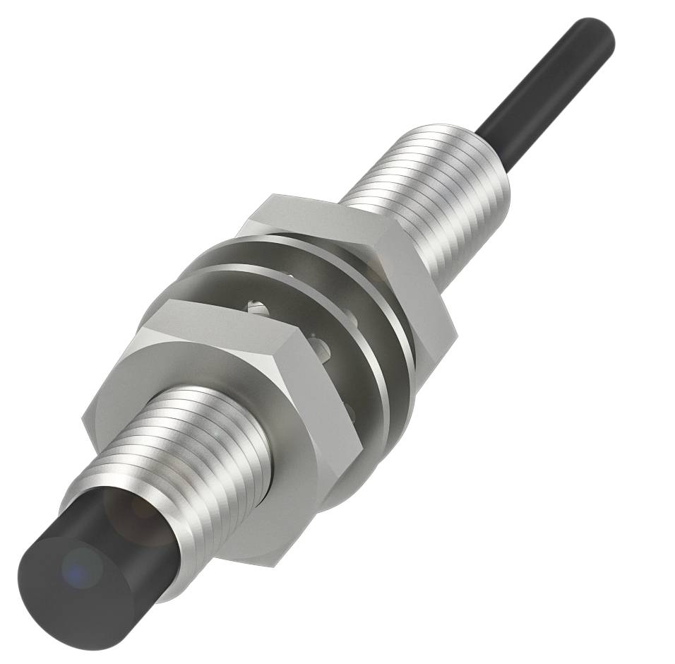 Capteur métallique cylindrique avec raccordement de câble noir, adapté aux applications industrielles.