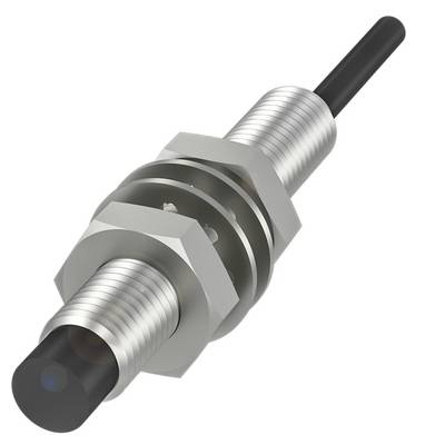 Capteur métallique cylindrique avec raccordement de câble noir, adapté aux applications industrielles.