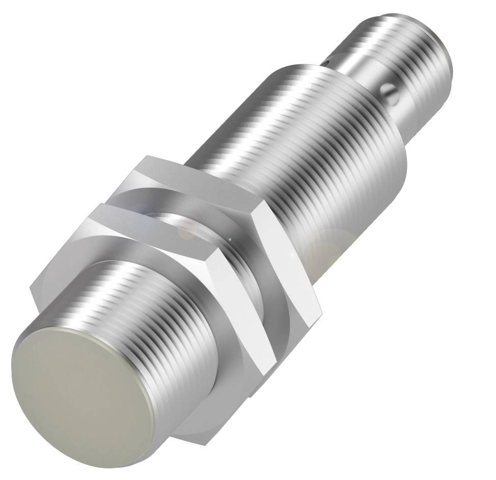 Un capteur de proximité cylindrique métallique avec filetage et écrou hexagonal. Il sert à la détection d'objets sans contact direct.