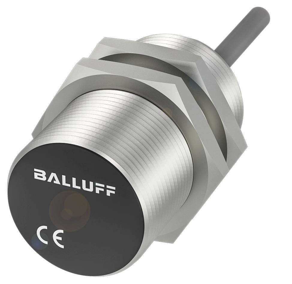 Capteur de proximité inductif de forme cylindrique avec filetage métallique, marqué 'BALLUFF' et 'CE'. Adapté aux applications dépendantes de la position.