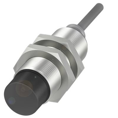 Capteur de proximité cylindrique avec boîtier métallique et capuchon frontal noir, adapté aux applications industrielles.