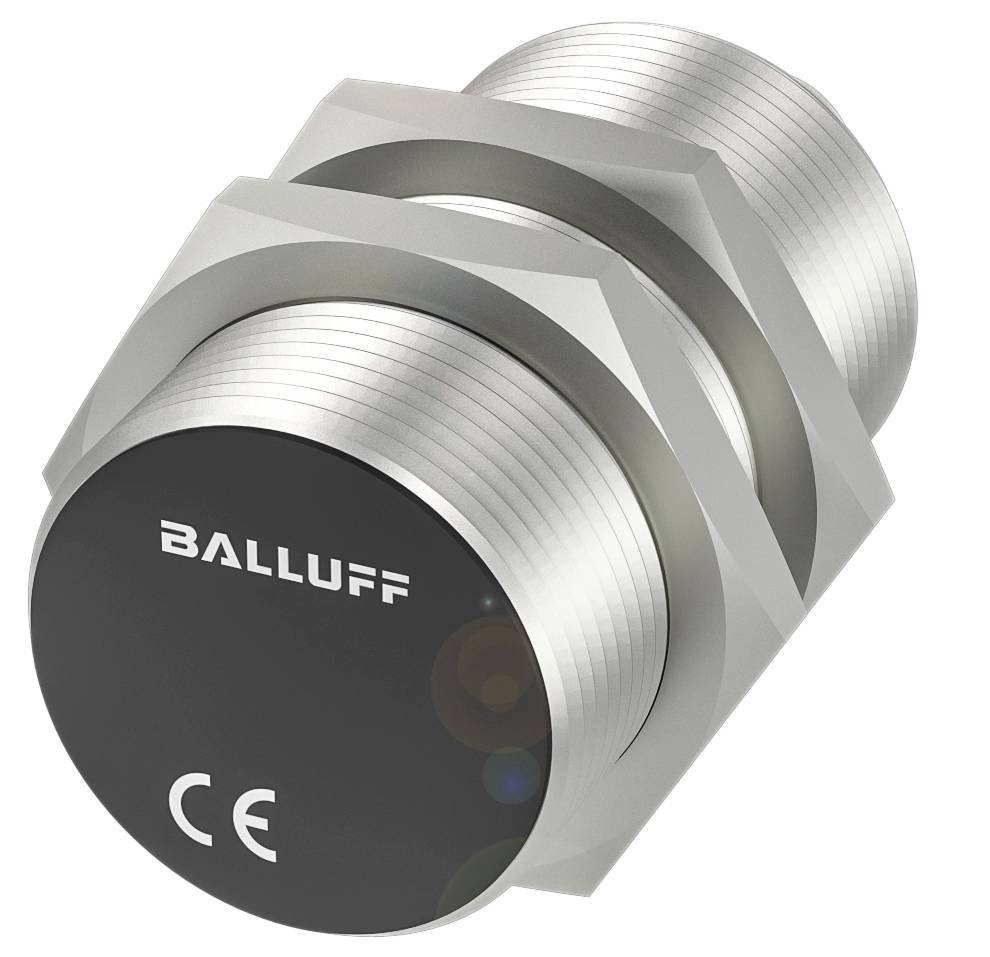 Un capteur cylindrique de couleur argentée avec des détails noirs. Marqué 'Balluff' et du marquage CE, il indique une orientation technique.