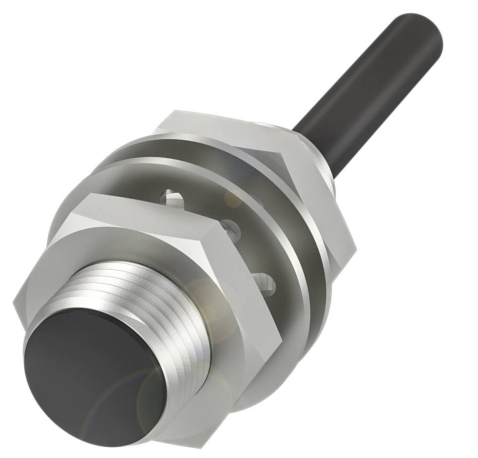 Capteur cylindrique argenté avec filetage, pointe noire et raccordement par câble, sur fond blanc.