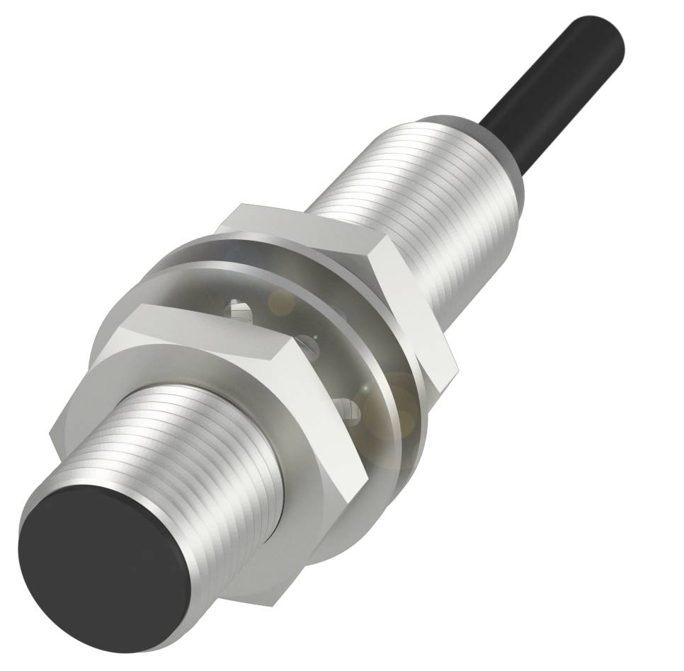 Un capteur de proximité cylindrique avec filetage métallique et pointe en plastique noir, raccordement par câble visible à l'extrémité arrière.