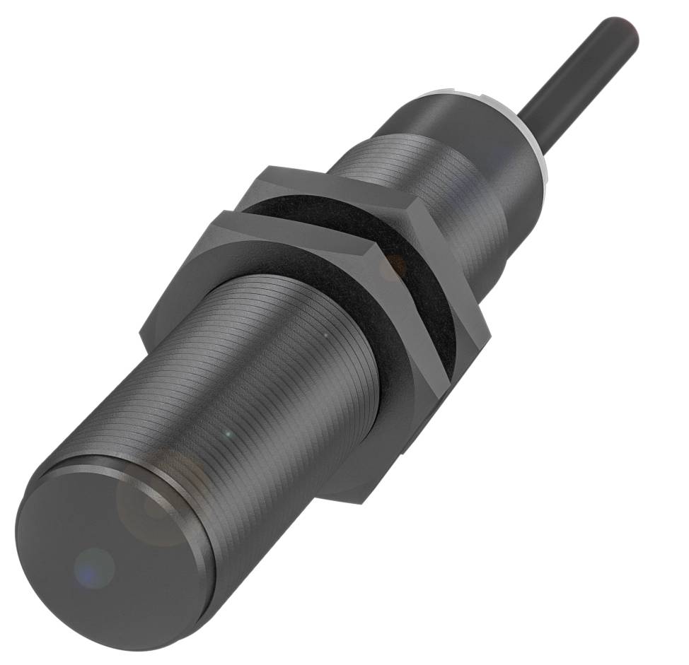 Capteur de proximité cylindrique avec filetage et raccordement par câble, pour la détection d'objets dans les applications industrielles.