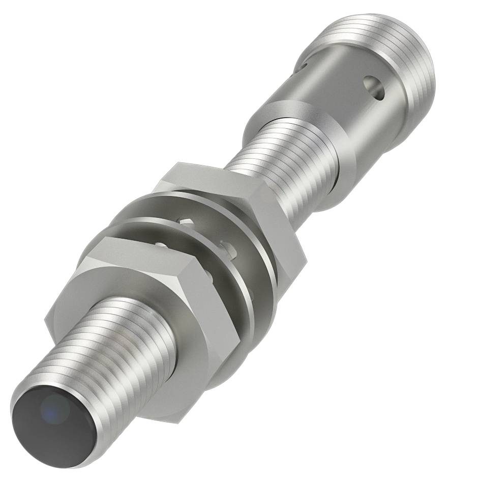 Un capteur métallique cylindrique avec filetage et deux écrous. Il est conçu pour des applications industrielles, en acier inoxydable.
