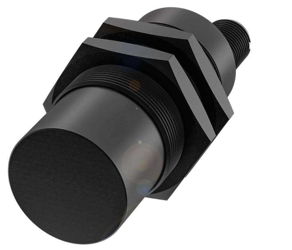 Un capteur cylindrique noir avec filetage et deux écrous hexagonaux, probablement destiné à des applications industrielles.
