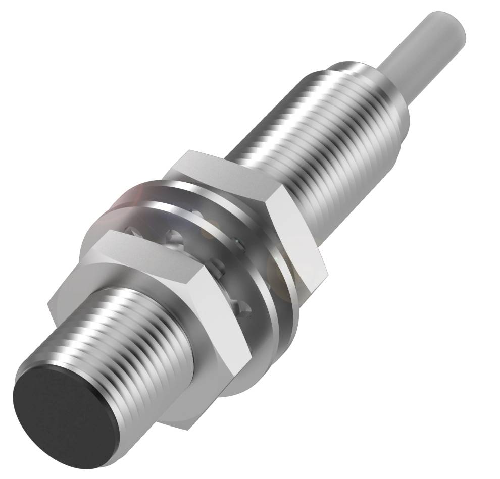 Capteur inductif cylindrique avec boîtier métallique et filetage vissé. Utilisé pour la détection d'objets sans contact direct.