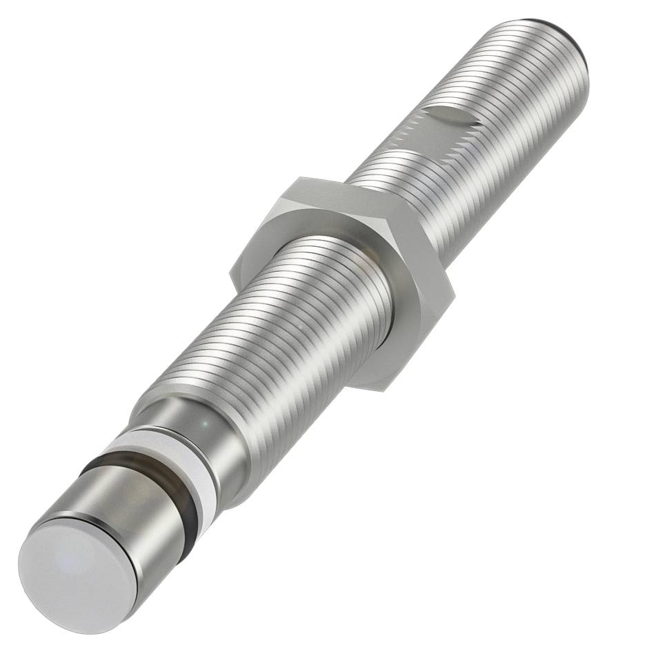 Capteur de proximité cylindrique en métal avec boîtier nervuré, filetage vissé et pointe en plastique, utilisé en technique d'automatisation.