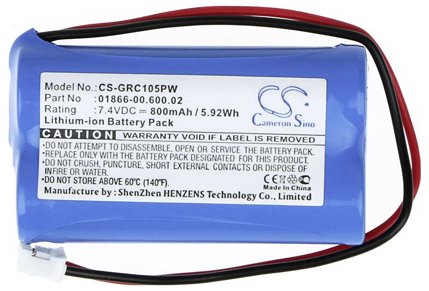 Batterie lithium-ion bleue indiquant le numéro de modèle, la tension (7,4V), la capacité (800mAh) et les avertissements d'utilisation.