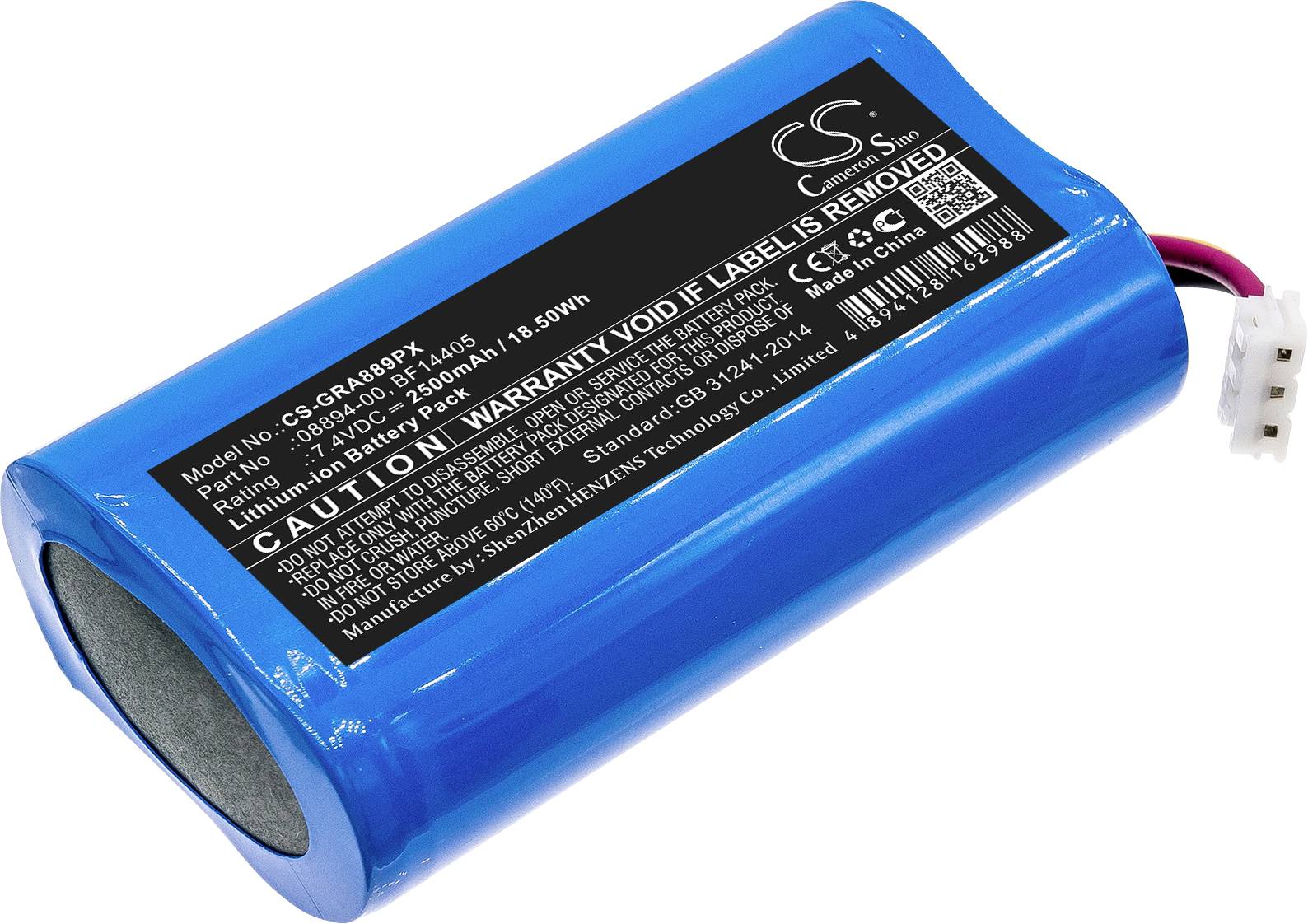 Cellule de batterie avec revêtement bleu et étiquette noire comportant les informations du fabricant et l'avertissement « Garantie annulée si l'étiquette est retirée ».